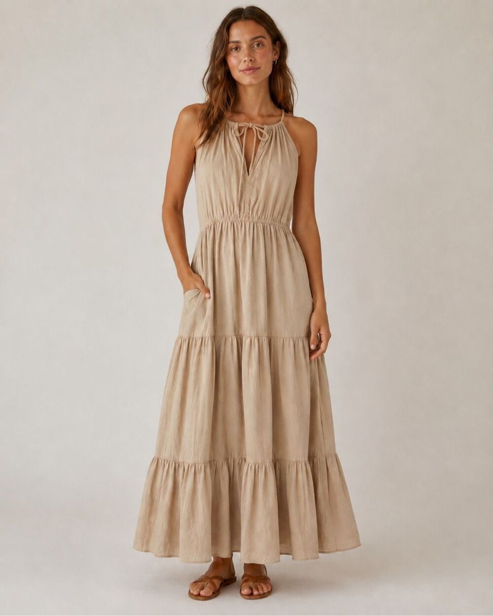 Rachel Zoe Women’s Small Beige Linen Blend Tiered Maxi Dress Halter Boho Pockets